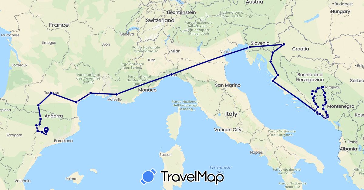 TravelMap itinerary: driving in Bosnia and Herzegovina, Spain, France, Croatia, Italy, Montenegro (Europe)