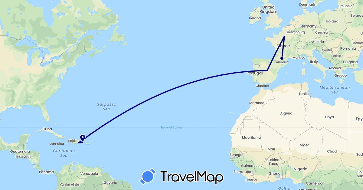 TravelMap itinerary: driving in Dominican Republic, Spain, France (Europe, North America)
